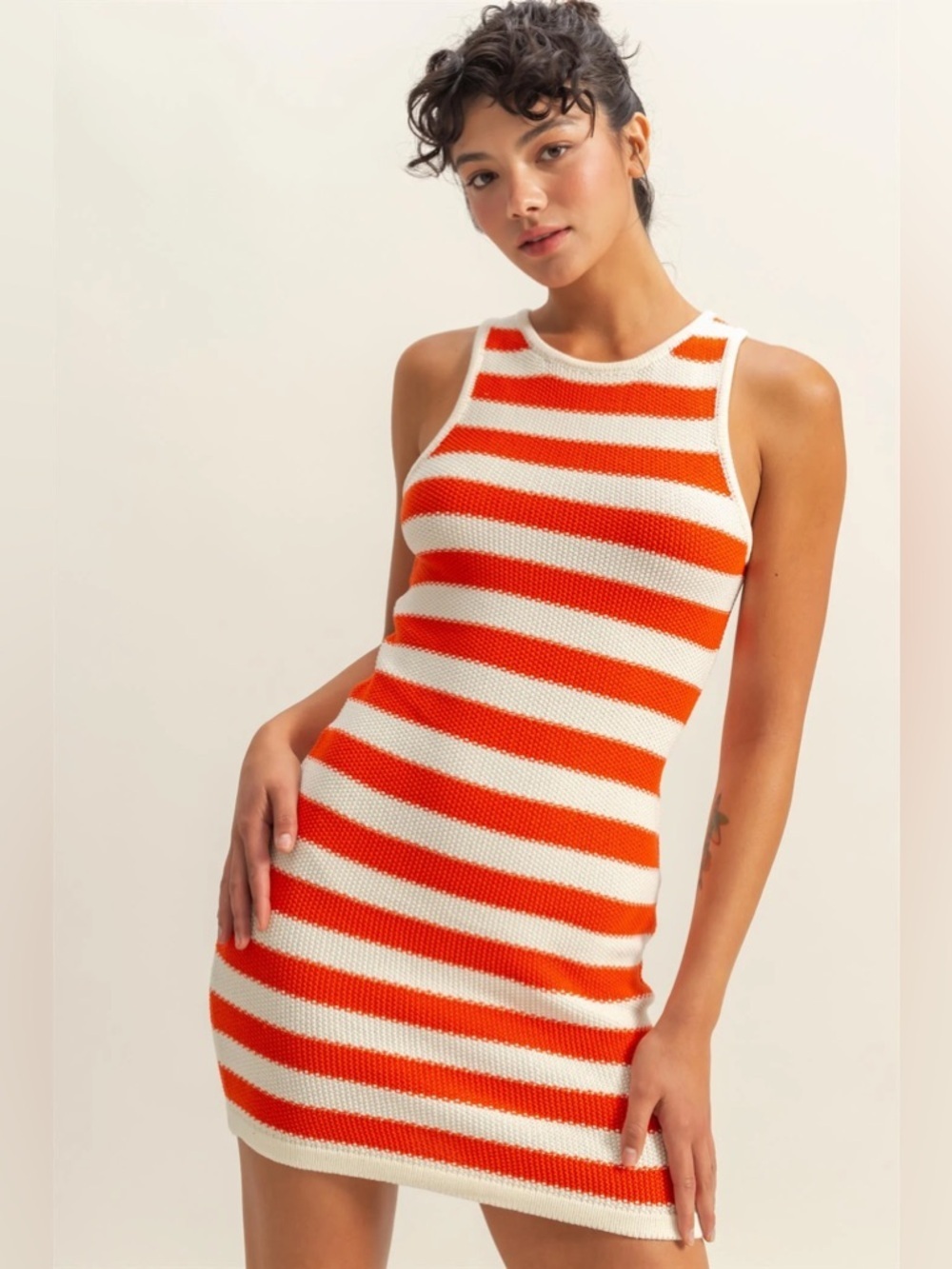 NEW HYFVE Tomato & Cream Striped Sleeveless Bodycon Mini Dress Size Small